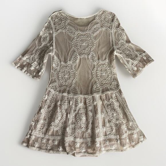 Yaira XL Beige Cream Lace Dress Tunic Top Boho Crochet Sheer 3/4 Sleeve - Picture 2 of 6